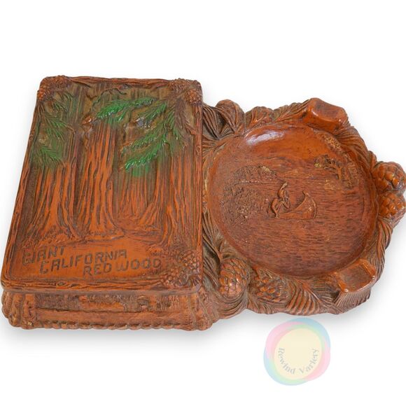 VTG ANCO Redwood Ashtray Cigarette Box Mid Century Resin Bakelite Kitschy - Picture 1 of 16